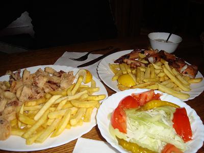 fried squid, grilled squid, french fries and fresh salad